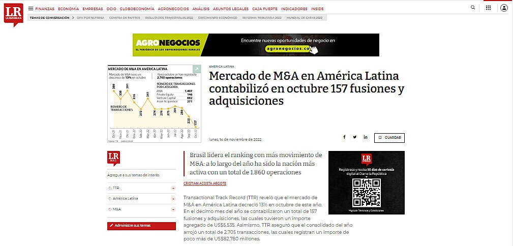 Mercado de M&A en América Latina contabilizó en octubre 157 fusiones y adquisiciones